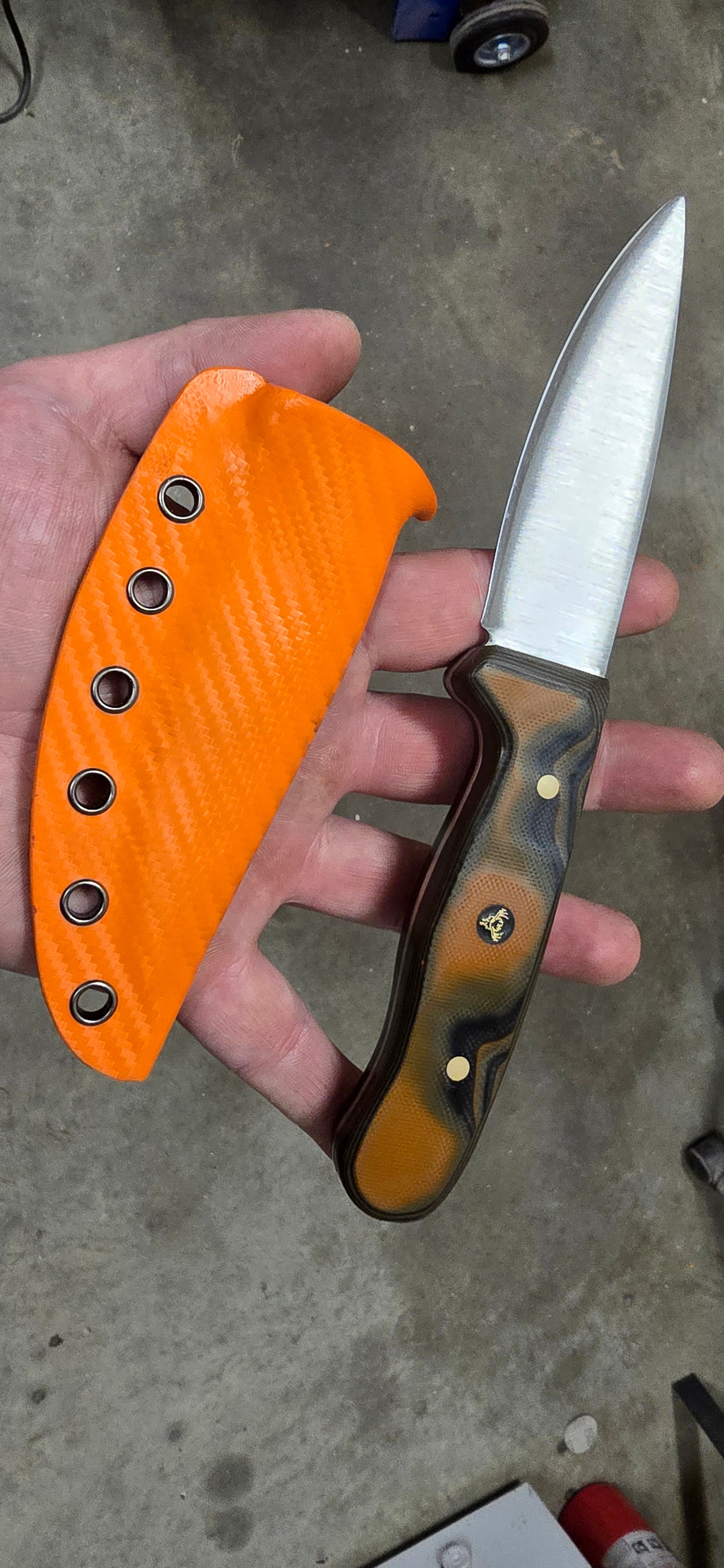 Camp Knife — Nitro-V / Tiger G10 / Carbon Fiber Orange Kydex / Brass Pins