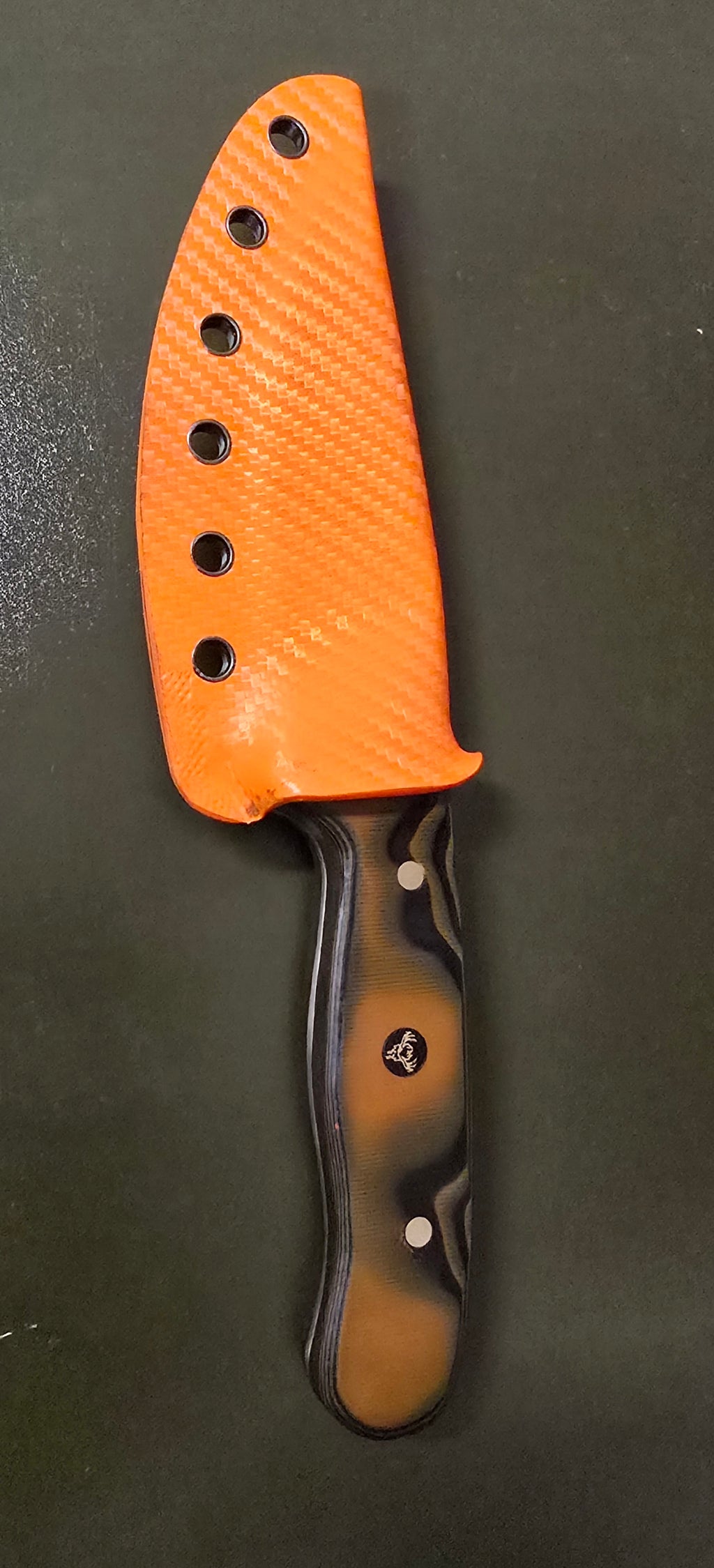 Camp Knife — Nitro-V / Tiger G10 / Carbon Fiber Orange Kydex / Brass Pins