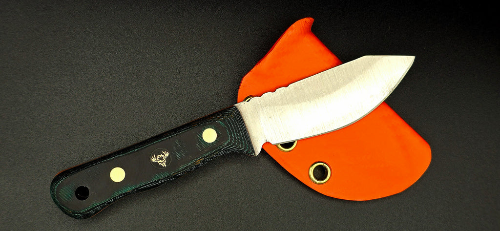 Ready to ship EDH! Beautiful green micarta with orange liners and orange sheath.