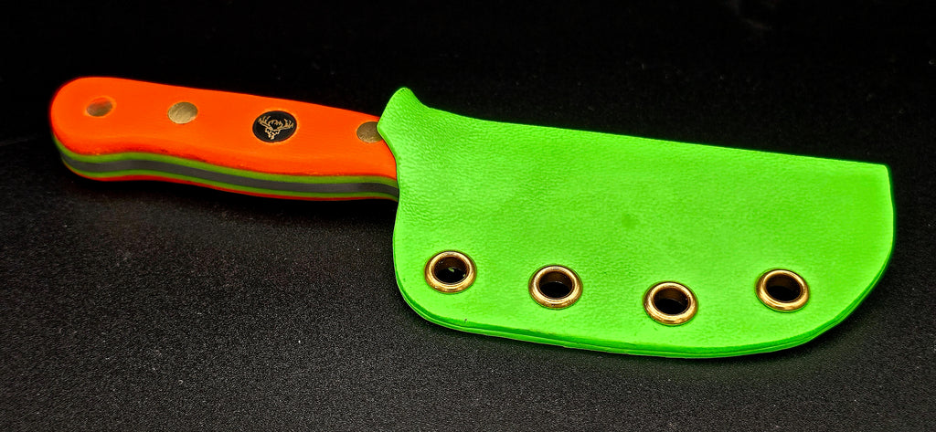 Ready to ship EDH! High vis hunter orange w/green liners and green sheath.