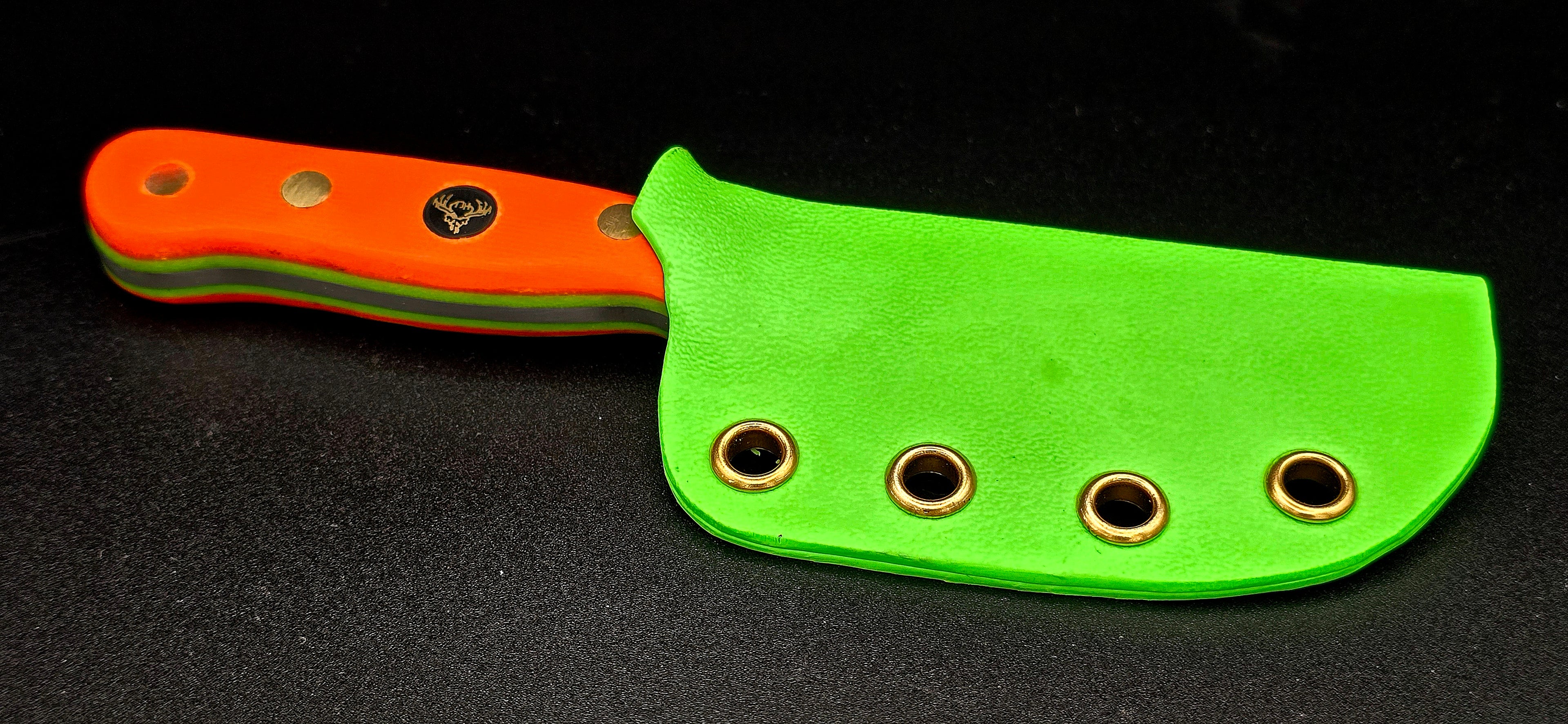 Ready to ship EDH! High vis hunter orange w/green liners and green sheath.