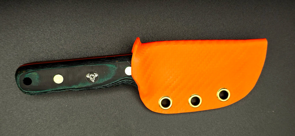 Ready to ship EDH! Beautiful green micarta with orange liners and orange sheath. Nitro-V 62HRC