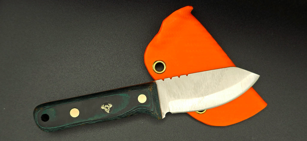 Ready to ship EDH! Beautiful green micarta with orange liners and orange sheath. Nitro-V 62HRC