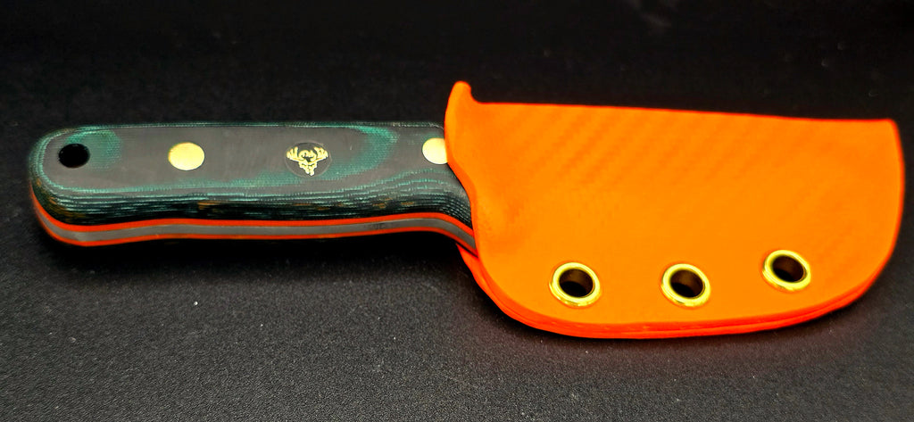 Ready to ship EDH! Beautiful green micarta with orange liners and orange sheath.