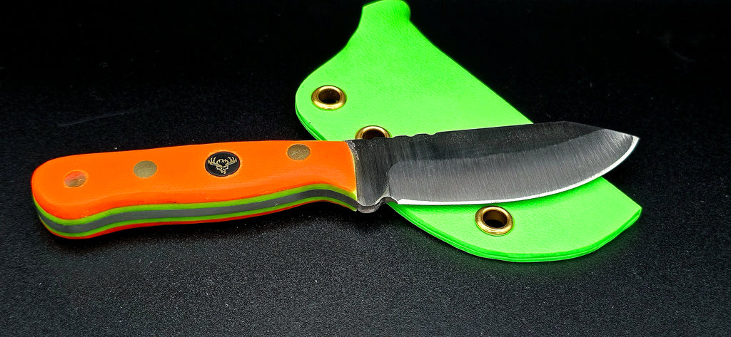Ready to ship EDH! High vis hunter orange w/green liners and green sheath.
