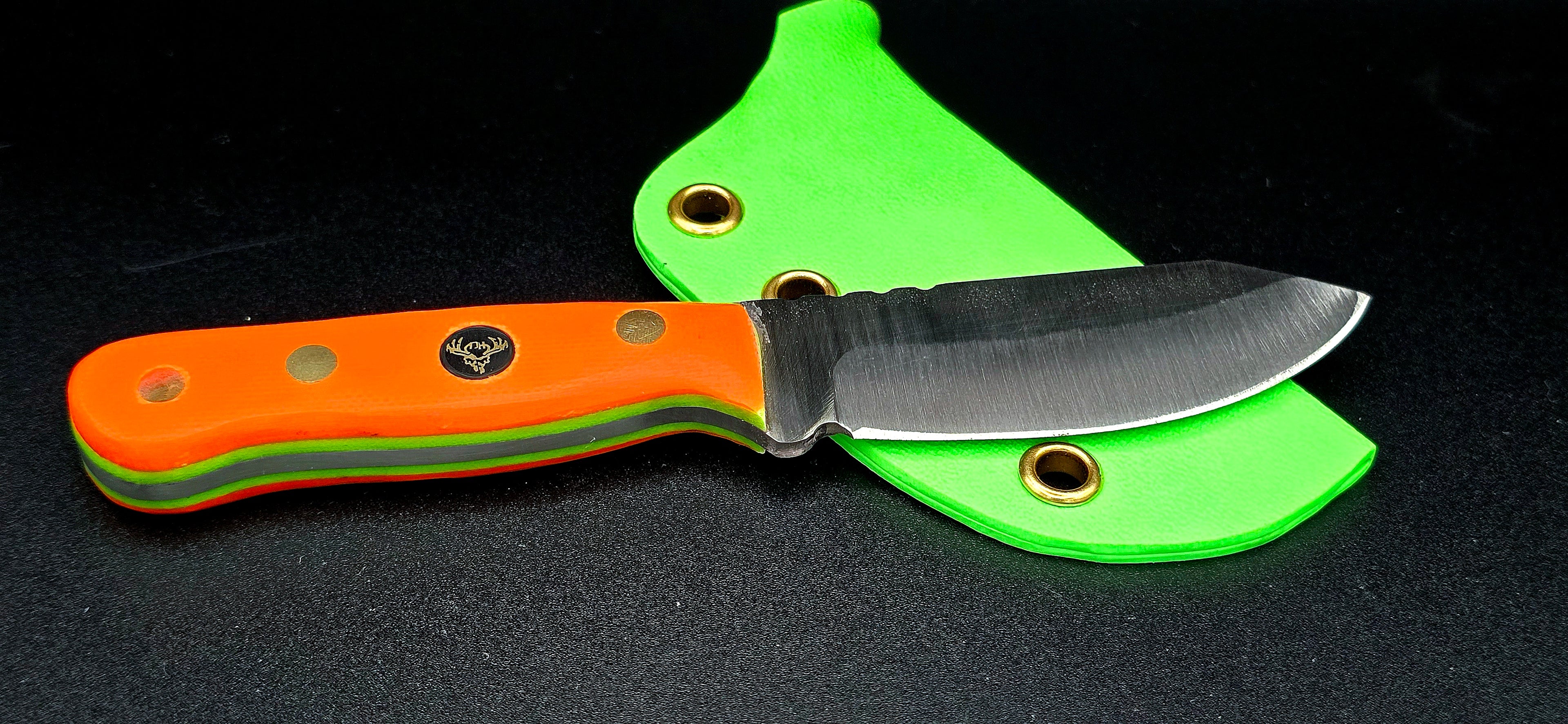 Ready to ship EDH! High vis hunter orange w/green liners and green sheath.